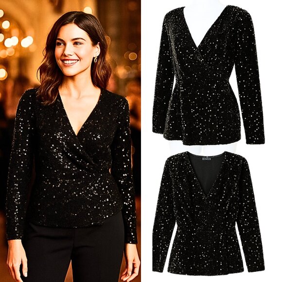 Ann Taylor Party Black Sequin Wrap Top – Stretch Party Blouse Size M - Picture 7 of 7